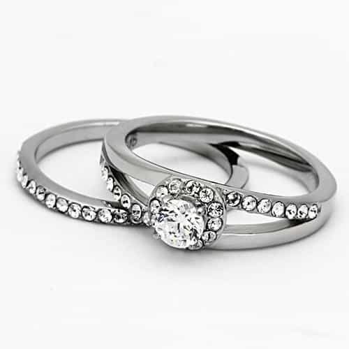Stainless Steel Silver CZ Round Halo Baguette Side Bridal Ring view 10
