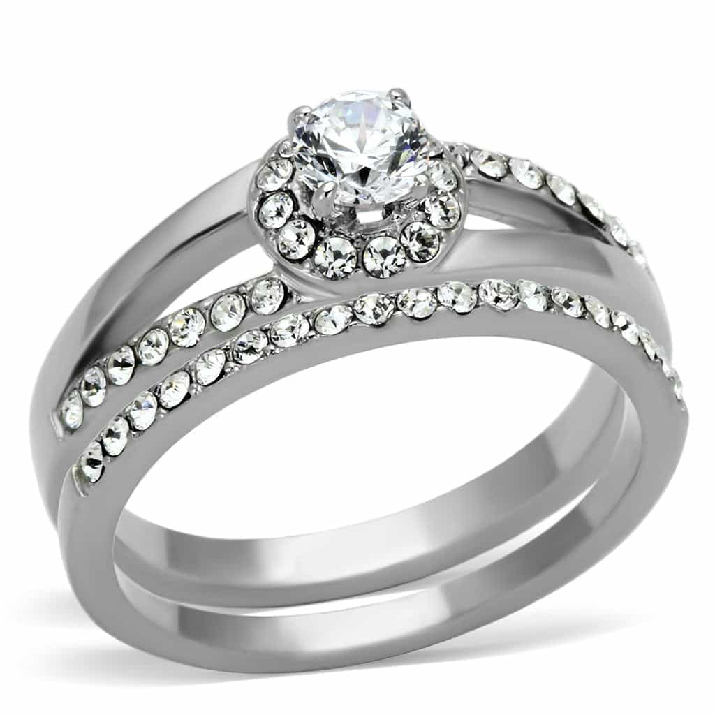 Stainless Steel Silver CZ Round Halo Baguette Side Bridal Ring view 1