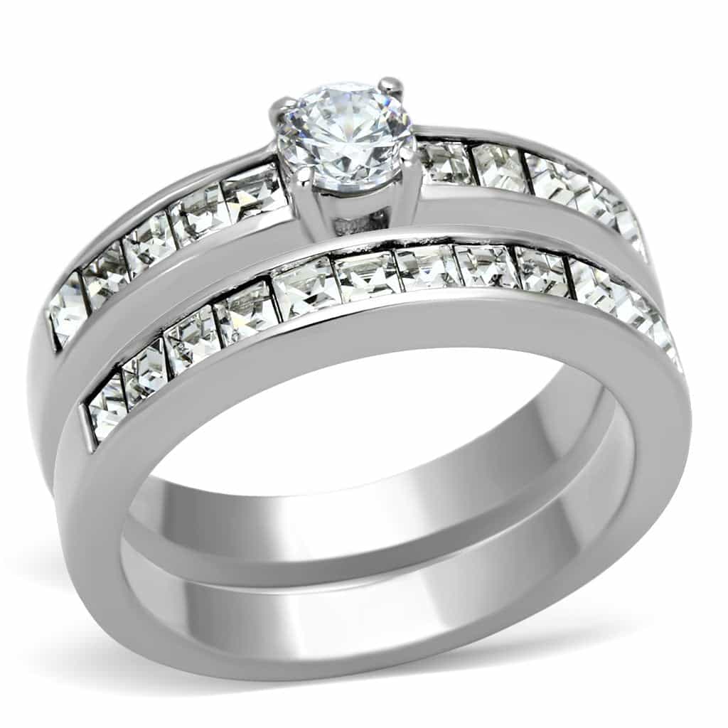 Stainless Steel Silver CZ Princess Channel Wide Baguette Ring view 1