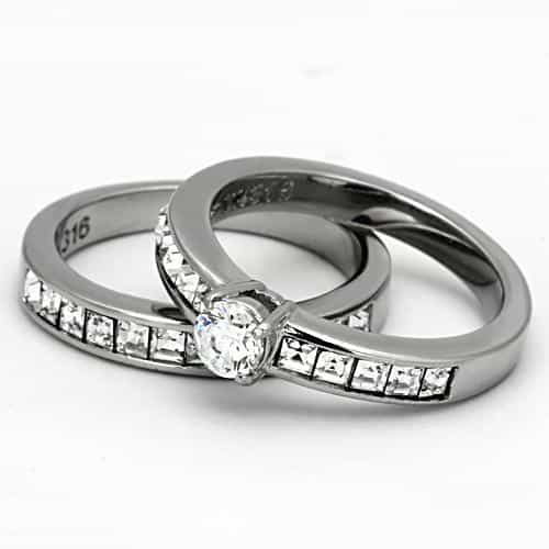Stainless Steel Silver CZ Princess Channel Wide Baguette Ring view 10