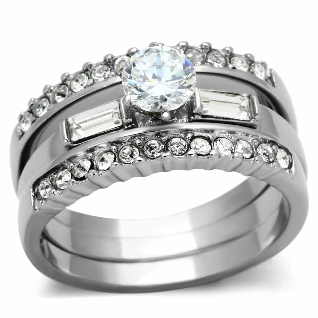 Stainless Steel Silver CZ Round Solitaire Baguette Channel Ring view 1