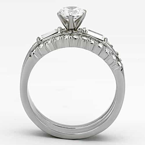 Stainless Steel Silver CZ Round Solitaire Baguette Channel Ring view 3
