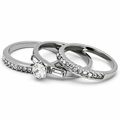 Stainless Steel Silver CZ Round Solitaire Baguette Channel Ring view 10