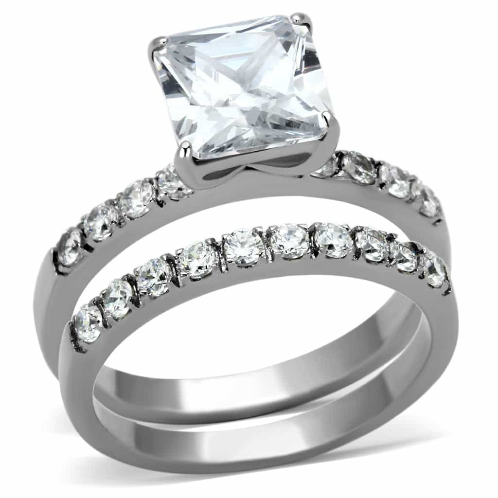 Stainless Steel Silver CZ Princess Pave Channel Bridal Set Ring view 5