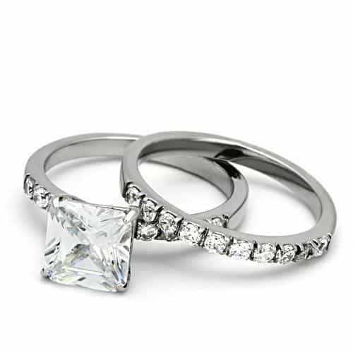 Stainless Steel Silver CZ Princess Pave Channel Bridal Set Ring view 4