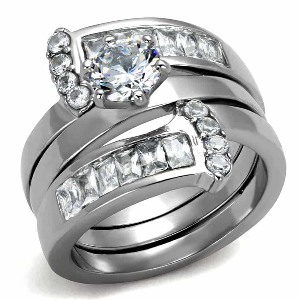Stainless Steel Silver CZ Round Halo Princess Channel Bridal Ring view 6