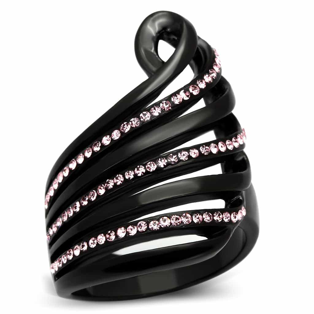 Stainless Steel Dark IP Pink Crystal Multi Stripe Wave Ring view 1
