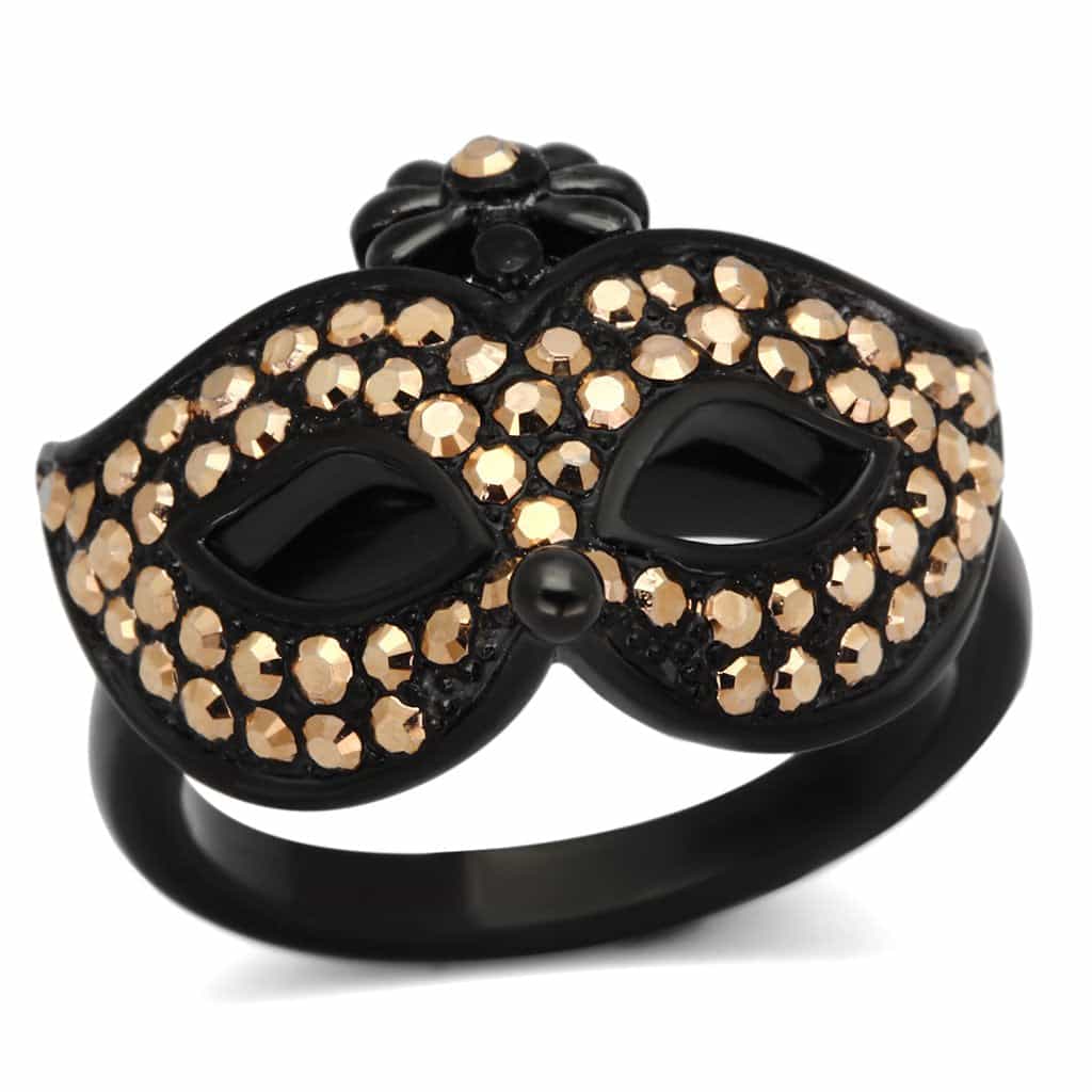 Stainless Steel Dark IP Champagne Crystal Masquerade Mask Ring view 5