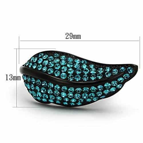 Stainless Steel Dark IP Teal Crystal Pave Leaf Ring view 2