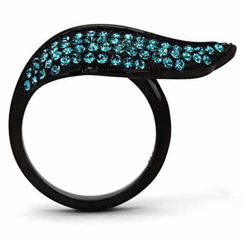 Stainless Steel Dark IP Teal Crystal Pave Leaf Ring view 7