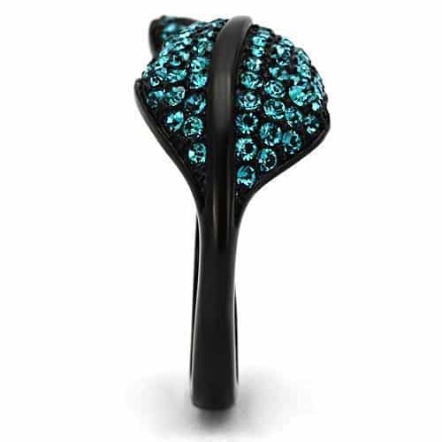 Stainless Steel Dark IP Teal Crystal Pave Leaf Ring view 8