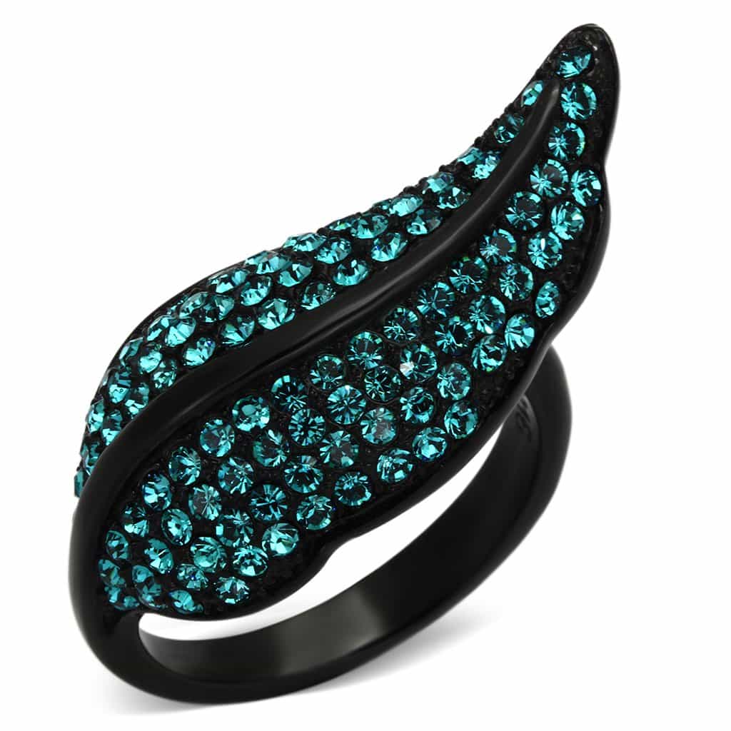 Stainless Steel Dark IP Teal Crystal Pave Leaf Ring view 5