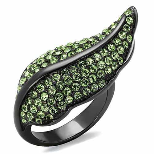 Stainless Steel Dark IP Peridot Crystal Pave Leaf Ring view 1