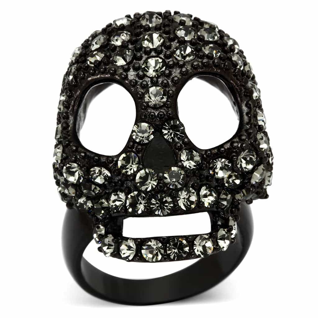 Stainless Steel Dark IP Crystal Pave Skull 3D Ring view 1