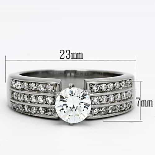 Stainless Steel Silver CZ Round Solitaire Triple Row Pave Ring view 2