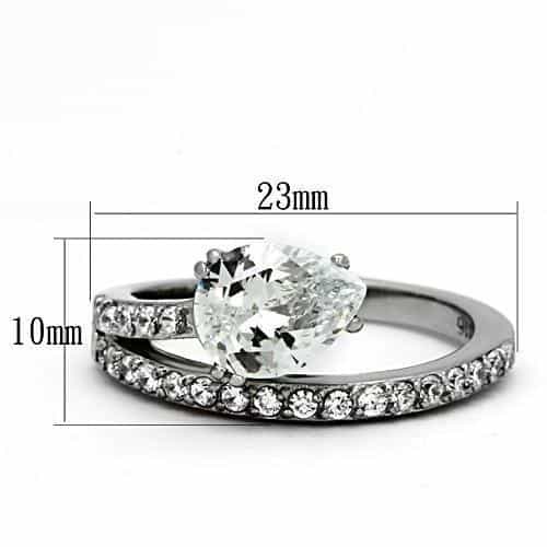 Stainless Steel Silver CZ Pear Solitaire Pave Thin Ring view 2