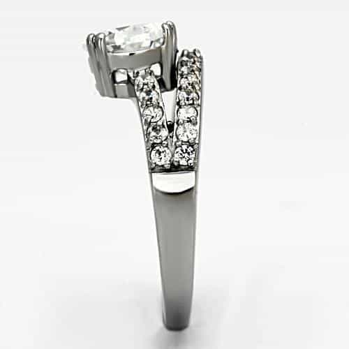 Stainless Steel Silver CZ Pear Solitaire Pave Thin Ring view 8