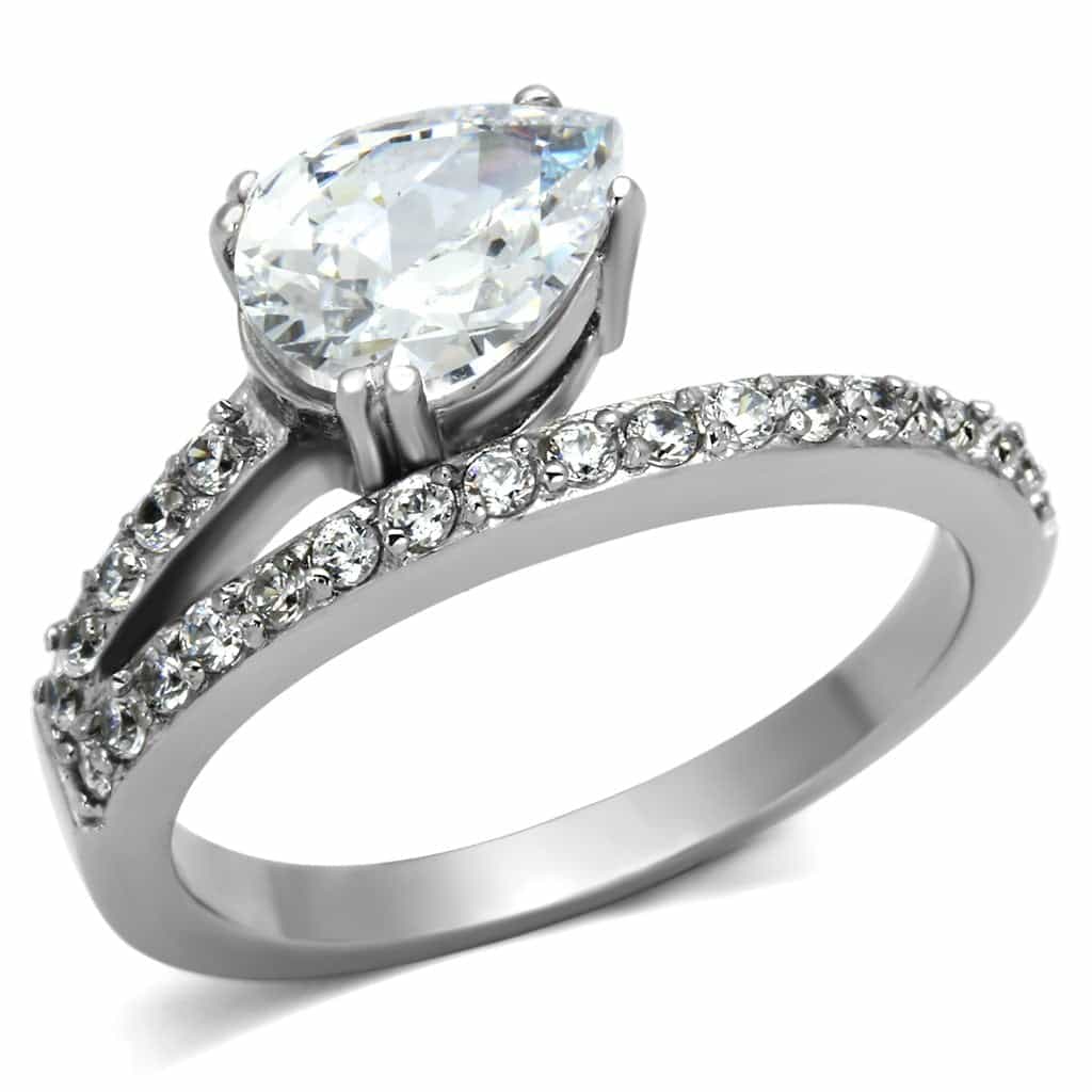 Stainless Steel Silver CZ Pear Solitaire Pave Thin Ring view 1