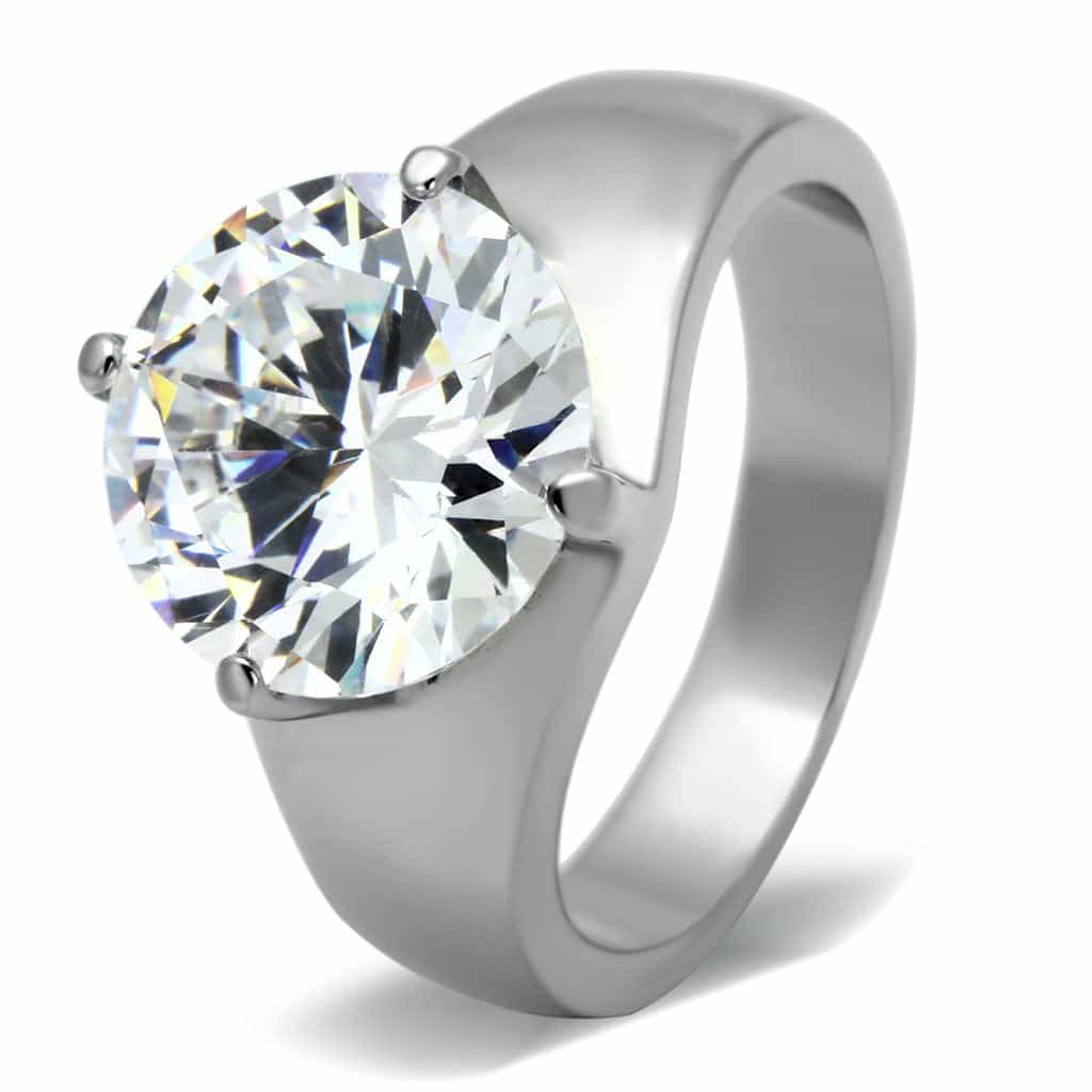 Stainless Steel Silver CZ Round Large Four Prong Solitaire Ring view 1