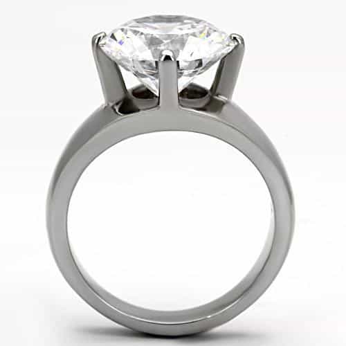 Stainless Steel Silver CZ Round Large Four Prong Solitaire Ring view 3