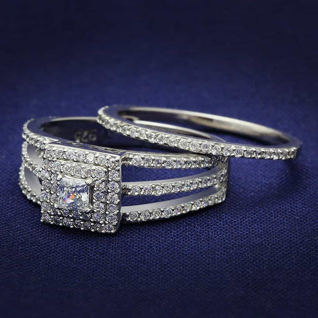 Sterling Silver CZ Princess Halo Wide Bridal Set Ring view 1