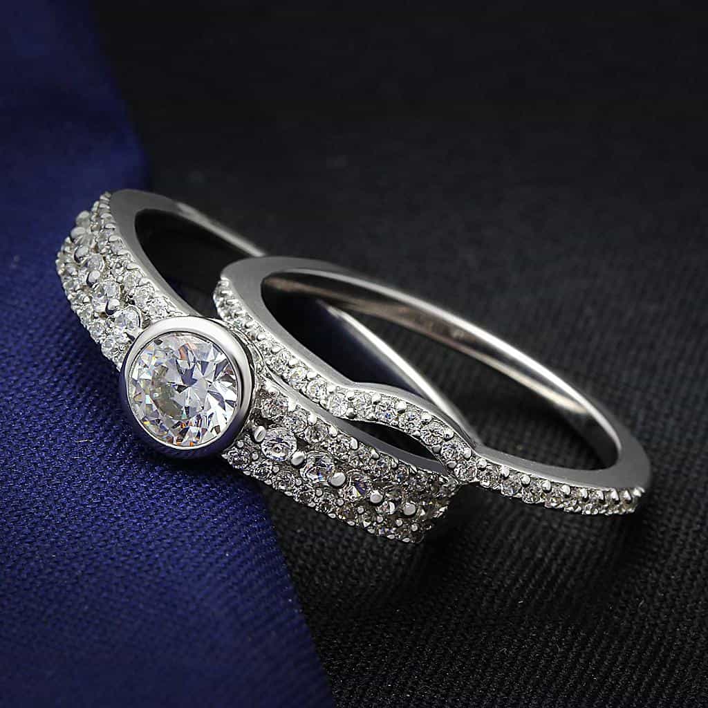 Sterling Silver CZ Round Bezel Solitaire Pave Ring view 1
