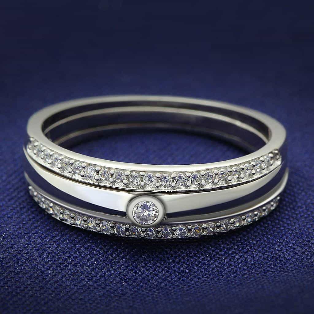 Sterling Silver CZ Bezel Pave Trio Stack Thin Ring view 6