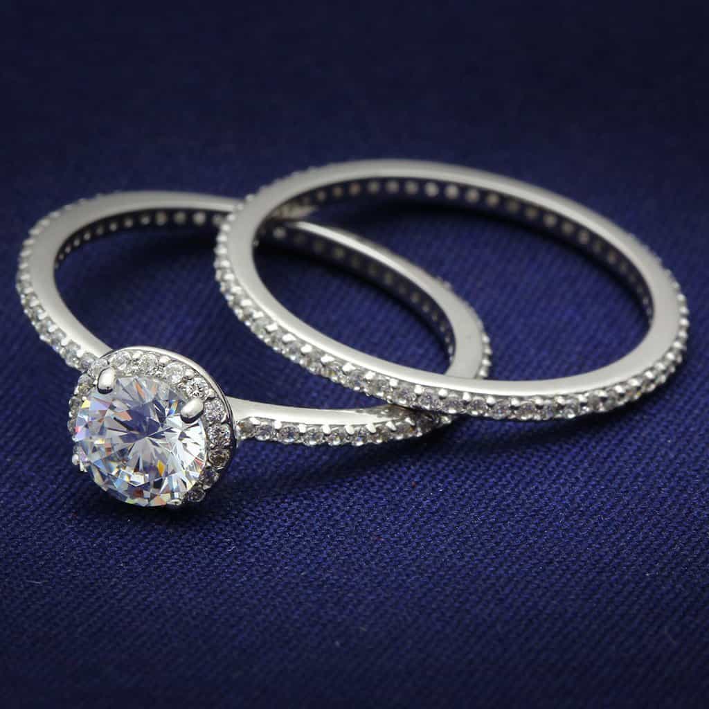 Sterling Silver CZ Round Halo Pave Eternity Bridal Set Ring view 1