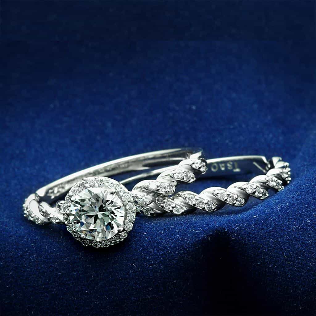 Sterling Silver CZ Round Halo Twisted Pave Bridal Set Ring view 1