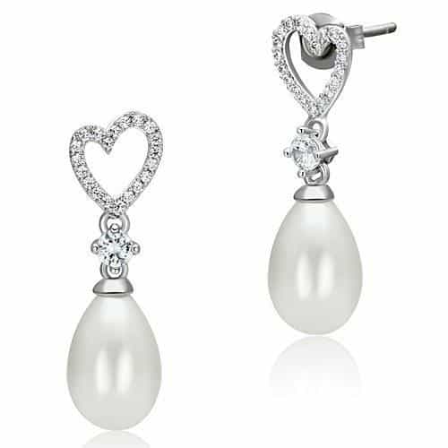 Sterling Silver CZ Heart Pearl Teardrop Drop Earrings view 2
