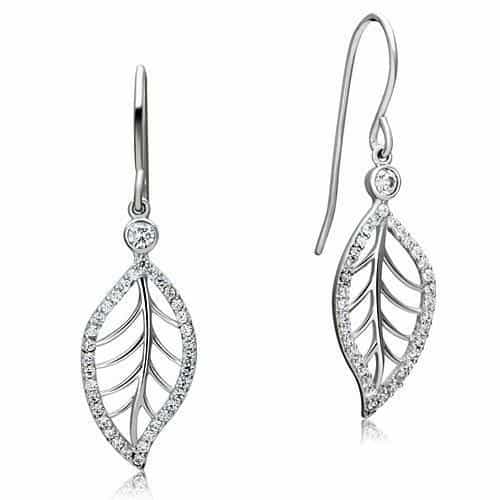 Sterling Silver CZ Pave Leaf Dangle Hook Earrings view 2