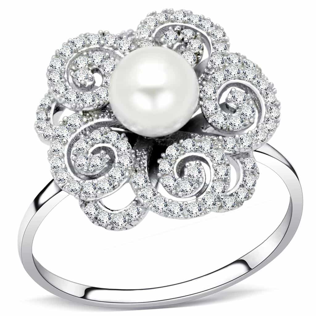 Sterling Silver CZ Pearl Flower Swirl Halo Ring view 1