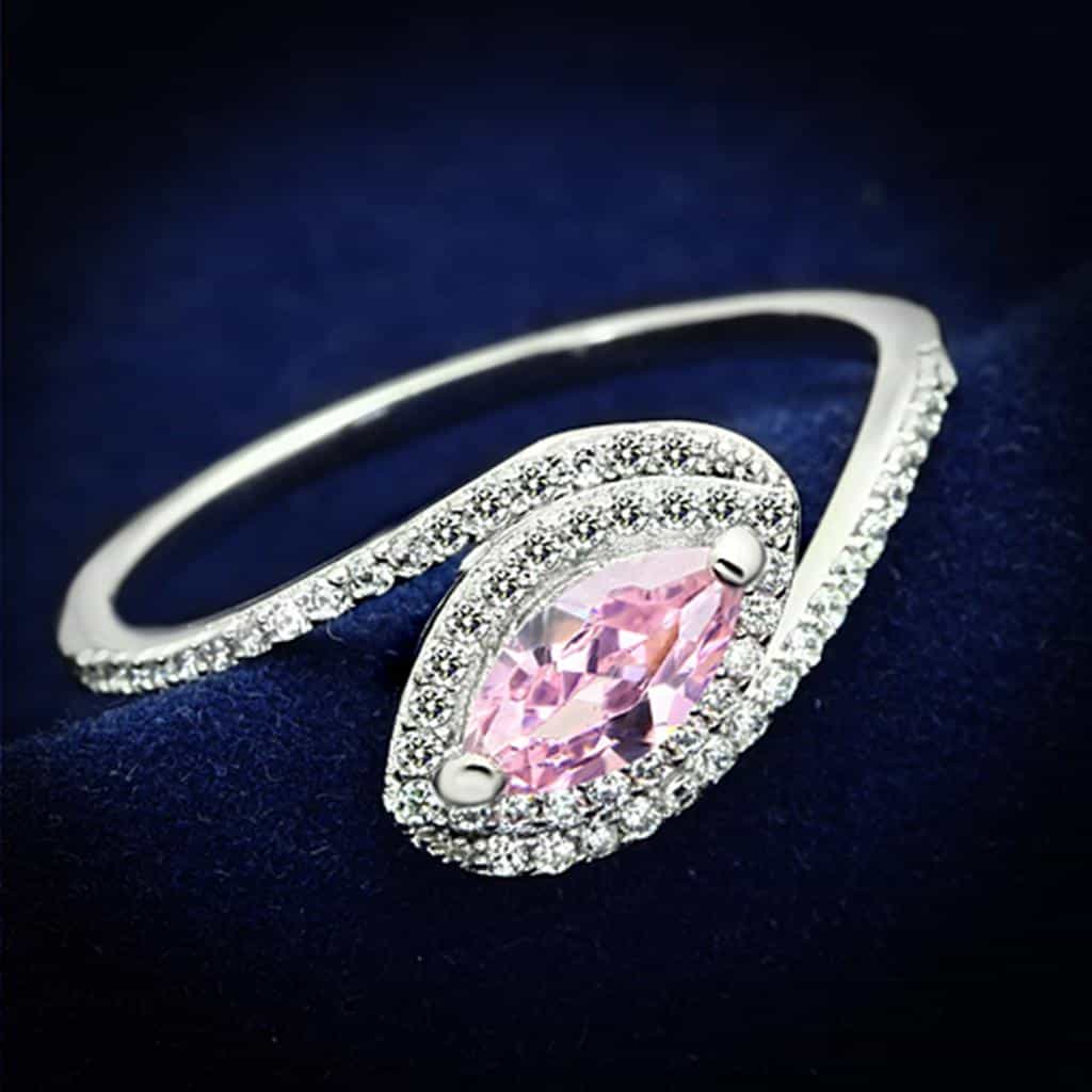 Sterling Silver Pink CZ Marquise Pave Swirl Ring view 1