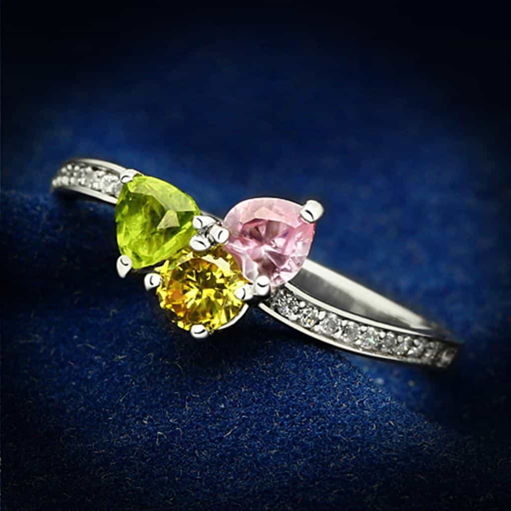 Sterling Silver Multi Color CZ Triple Round Prong Ring view 1