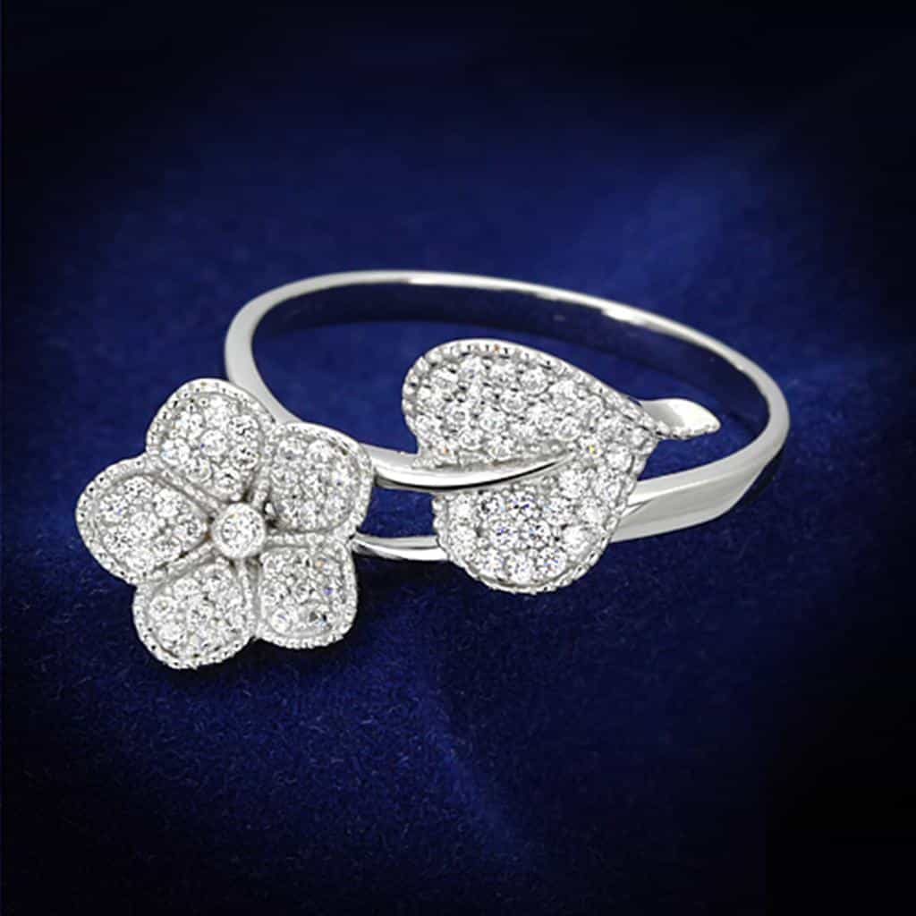 Sterling Silver CZ Pave Flower Clover Open Ring view 1