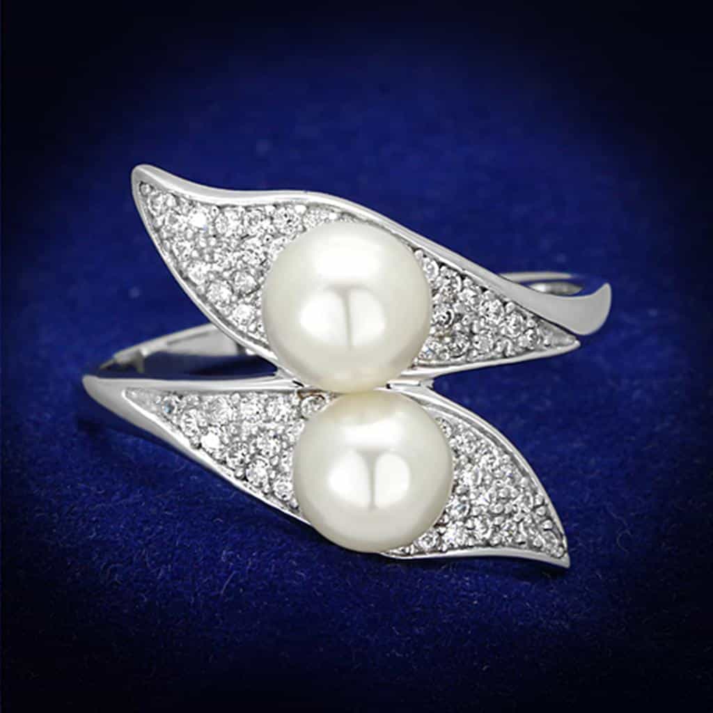 Sterling Silver CZ Pearl Double Leaf Bypass Ring view 1