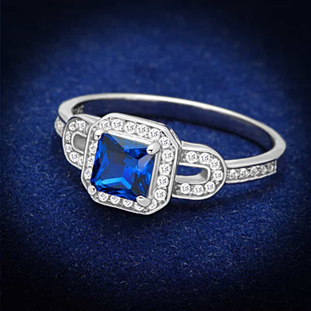 Sterling Silver Blue Sapphire Princess Halo Pave Ring view 1