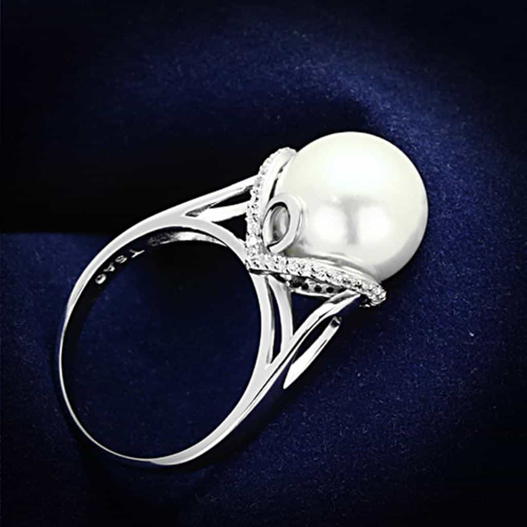 Sterling Silver White Pearl CZ Pave Leaf Bypass Ring view 1