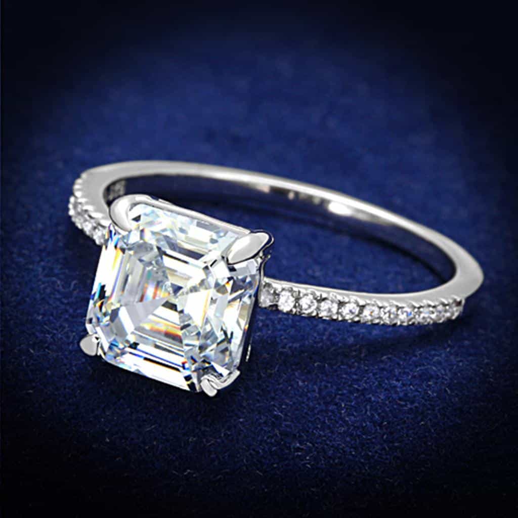 Sterling Silver CZ Asscher Cut Solitaire Pave Thin Ring view 6