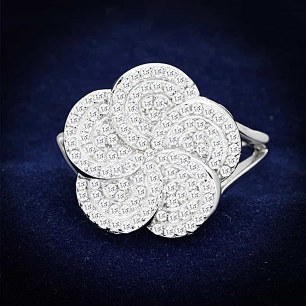 Sterling Silver CZ Pave Flower Clover Dome Ring view 1
