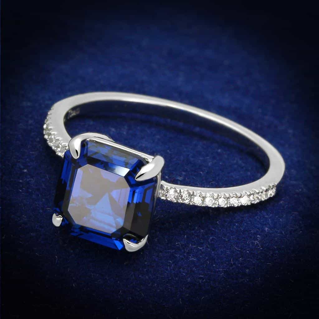 Sterling Silver Blue Sapphire Emerald Cut Solitaire Pave Ring view 7