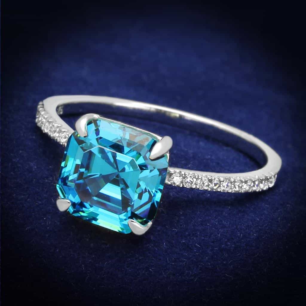 Sterling Silver Aqua Blue CZ Cushion Solitaire Pave Ring view 1