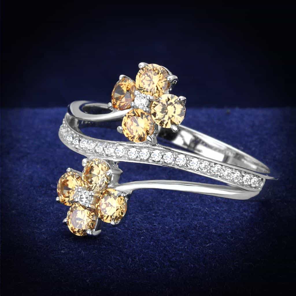 Sterling Silver Champagne CZ Flower Bypass Ring view 1