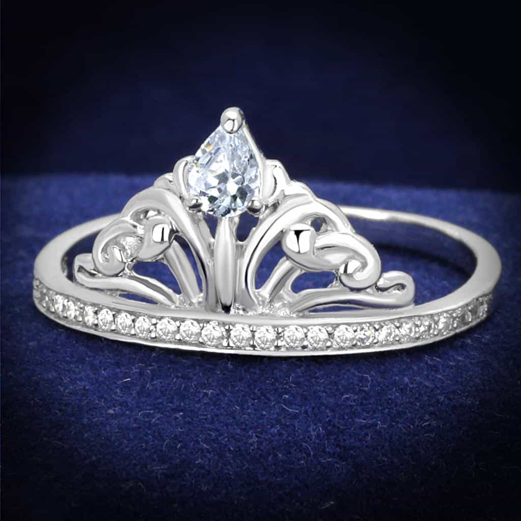 Sterling Silver CZ Pear Crown Tiara Filigree Ring view 1