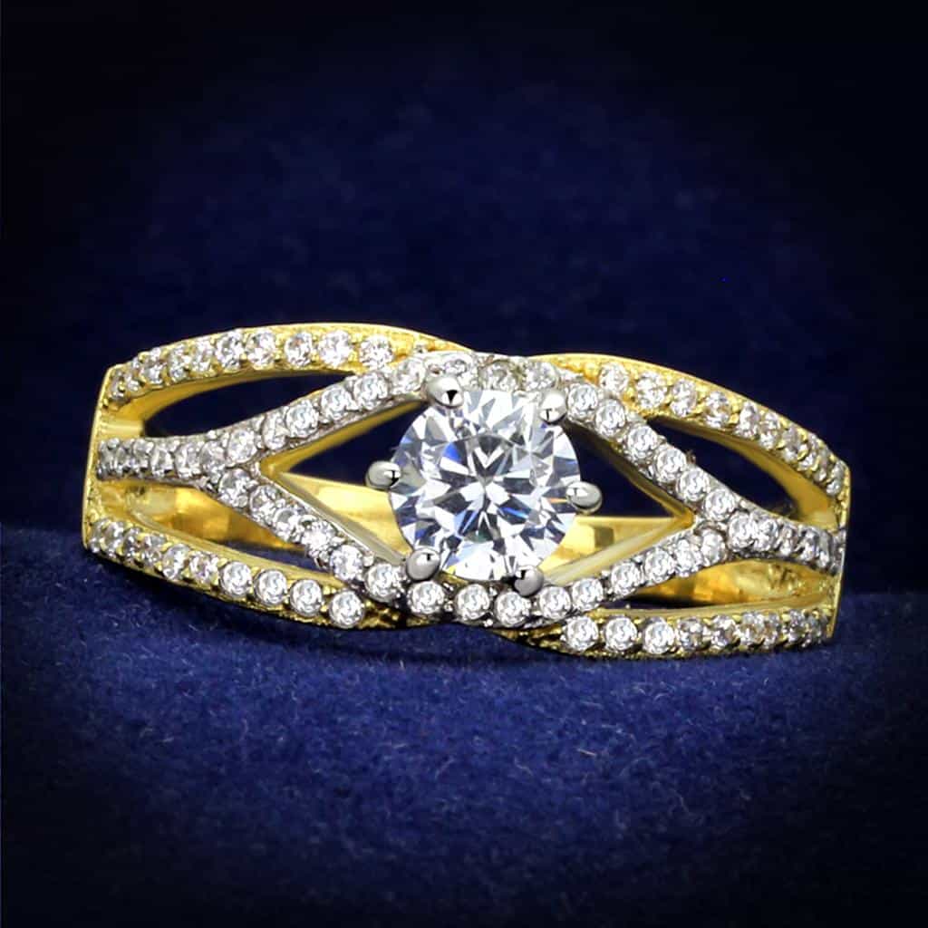 Sterling Silver Gold Two Tone CZ Round Woven Split Bridal Ring view 1