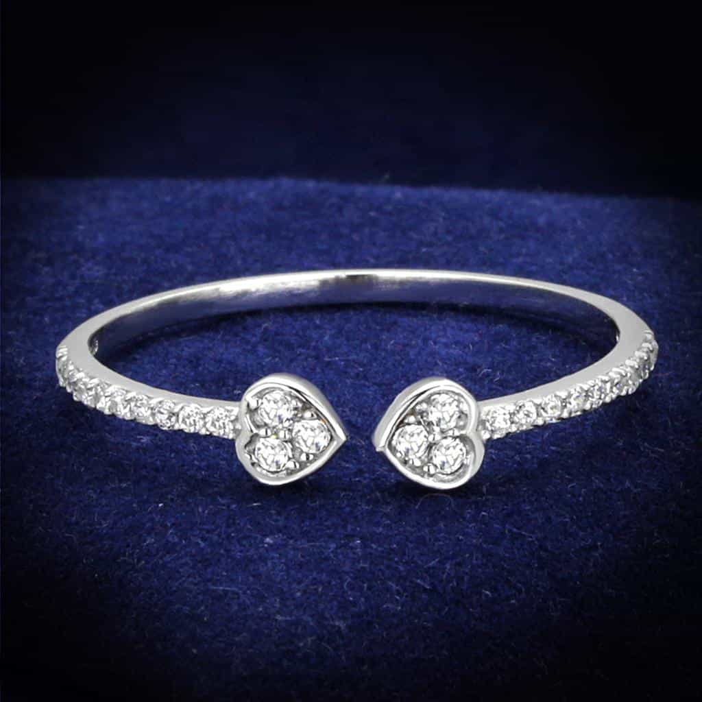 Sterling Silver CZ Heart Double Open Bangle Cuff Ring view 6