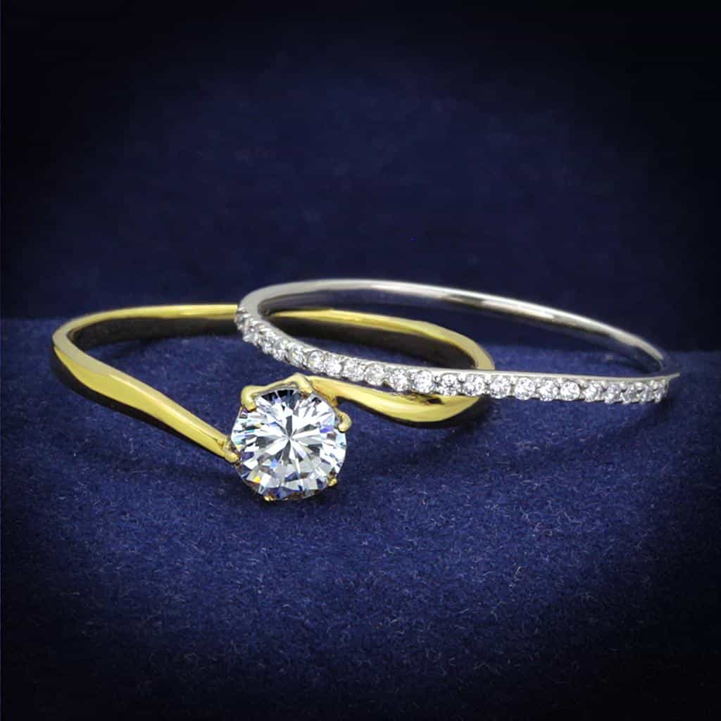 Sterling Silver Gold Two Tone CZ Round Solitaire Bridal Set Ring view 1