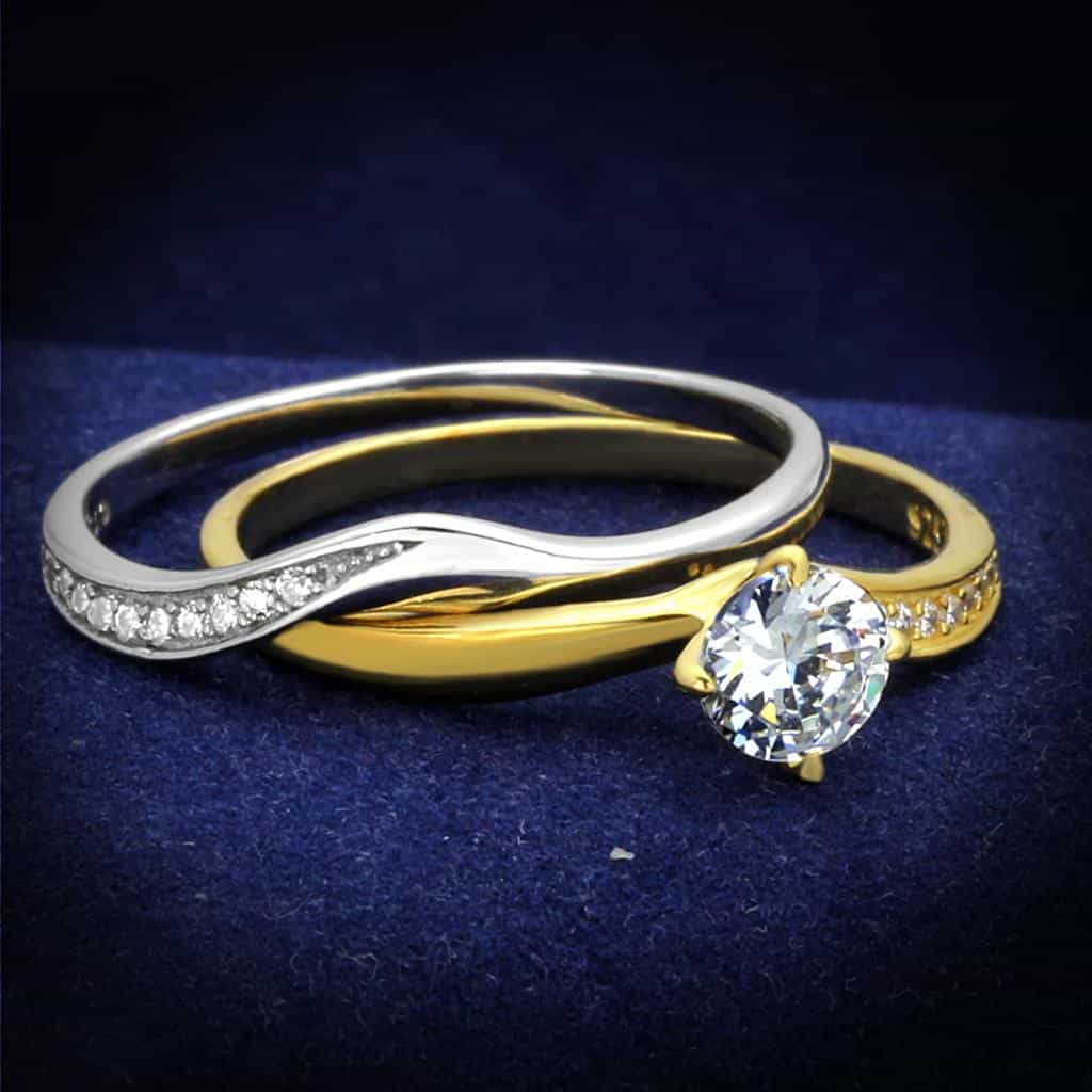 Sterling Silver Gold Two Tone CZ Round Pave Bridal Set Ring view 1