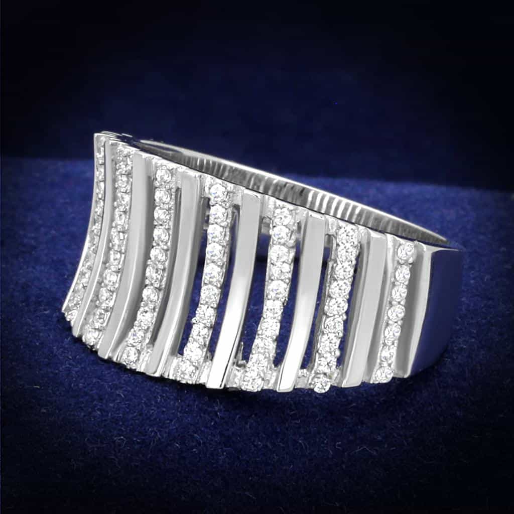 Sterling Silver CZ Pave Vertical Bar Ridged Wide Ring view 1