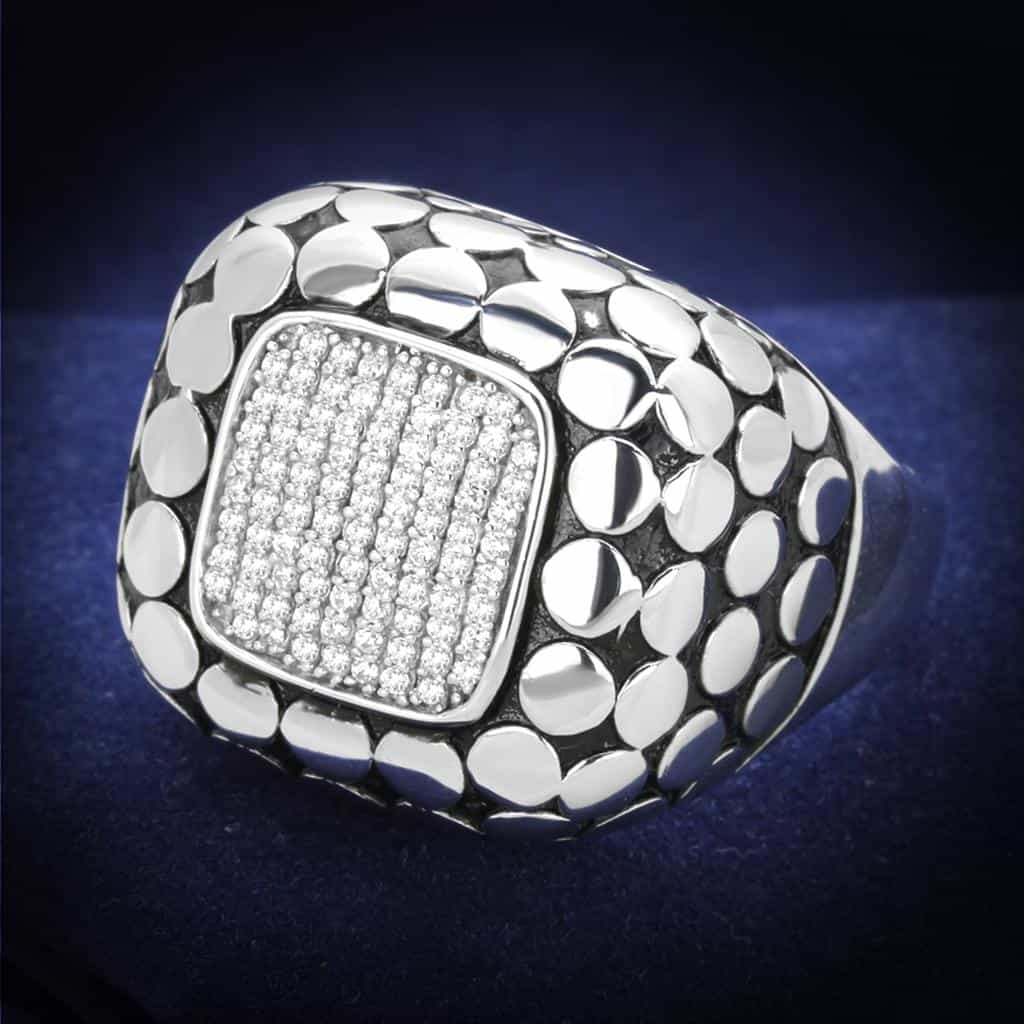 Sterling Silver CZ Pave Square Cobblestone Dome Signet Ring view 1